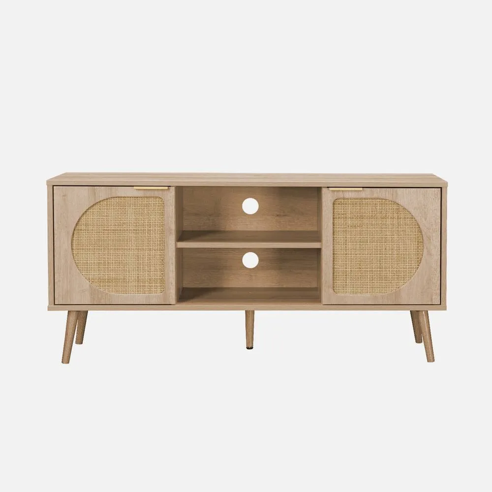sweeek 120cm Tv Unit Woodenn Effect Rounded Cane Rattan 2 Doors in Light Brown 2