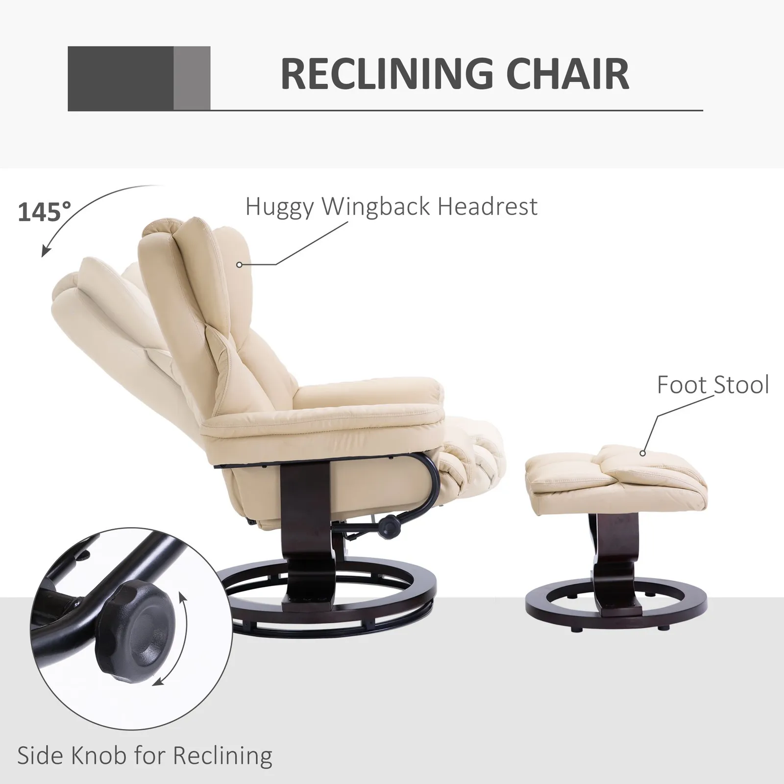 HOMCOM Padded PU Leather Manual Reclining Armchair Sofa Chair w/ Footstool in Cream 4