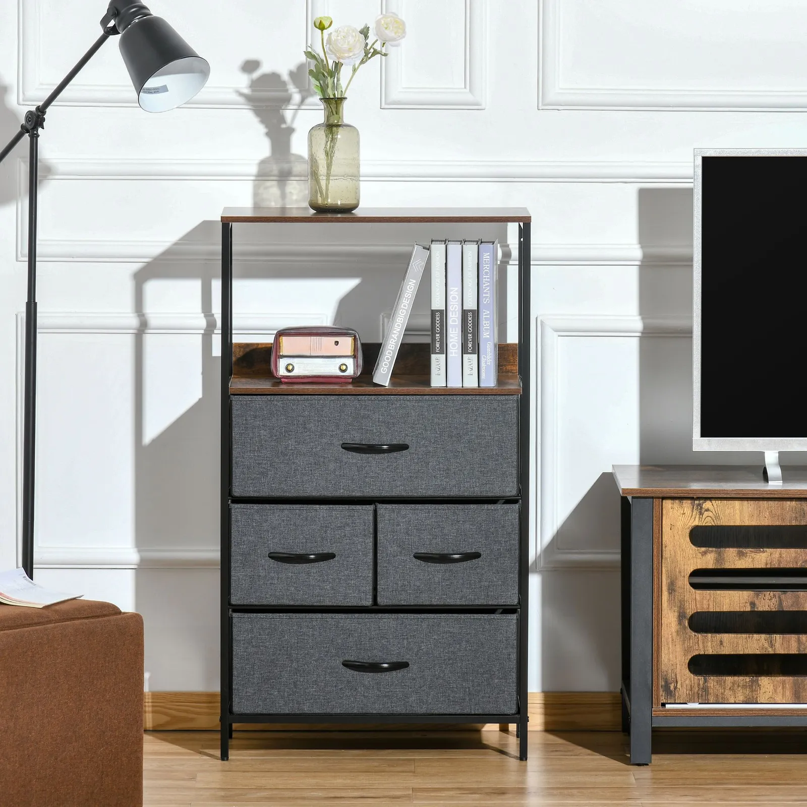 HOMCOM Drawer Storage Chest Unit Home w/ Shelves Home Living Room Bedroom in Black