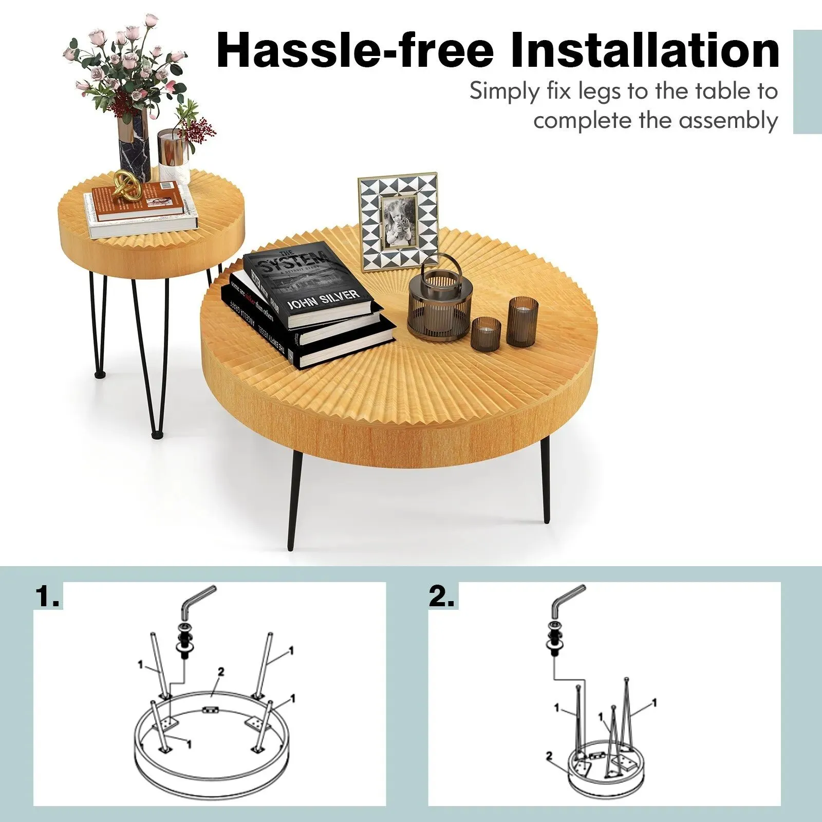 Costway 2PCS Round Nesting Tables Boho Farmhouse Accent Coffee Tables w/Adjustable Foot in Natural 6