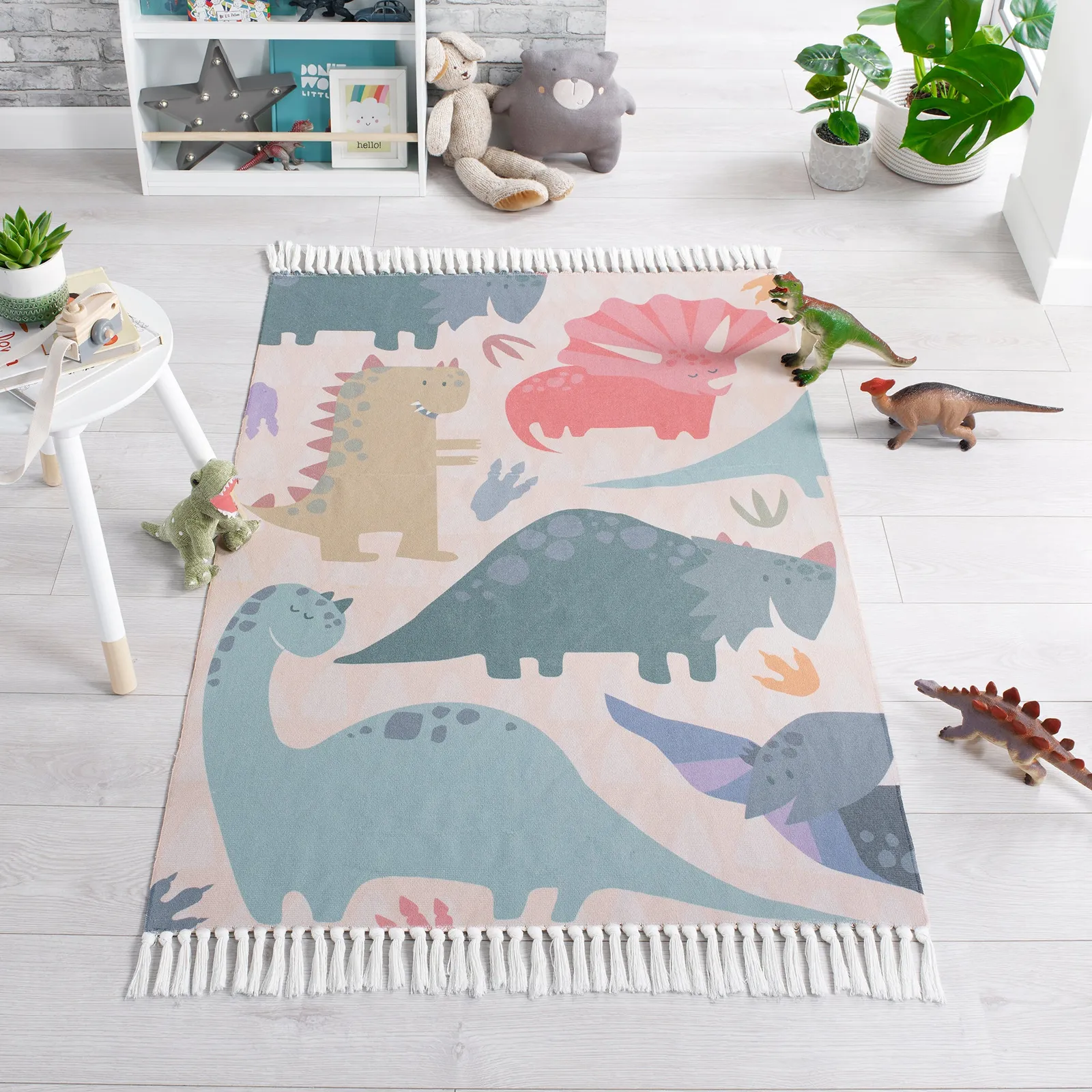 Walk The Dinosaur Washable Rug MultiColoured
