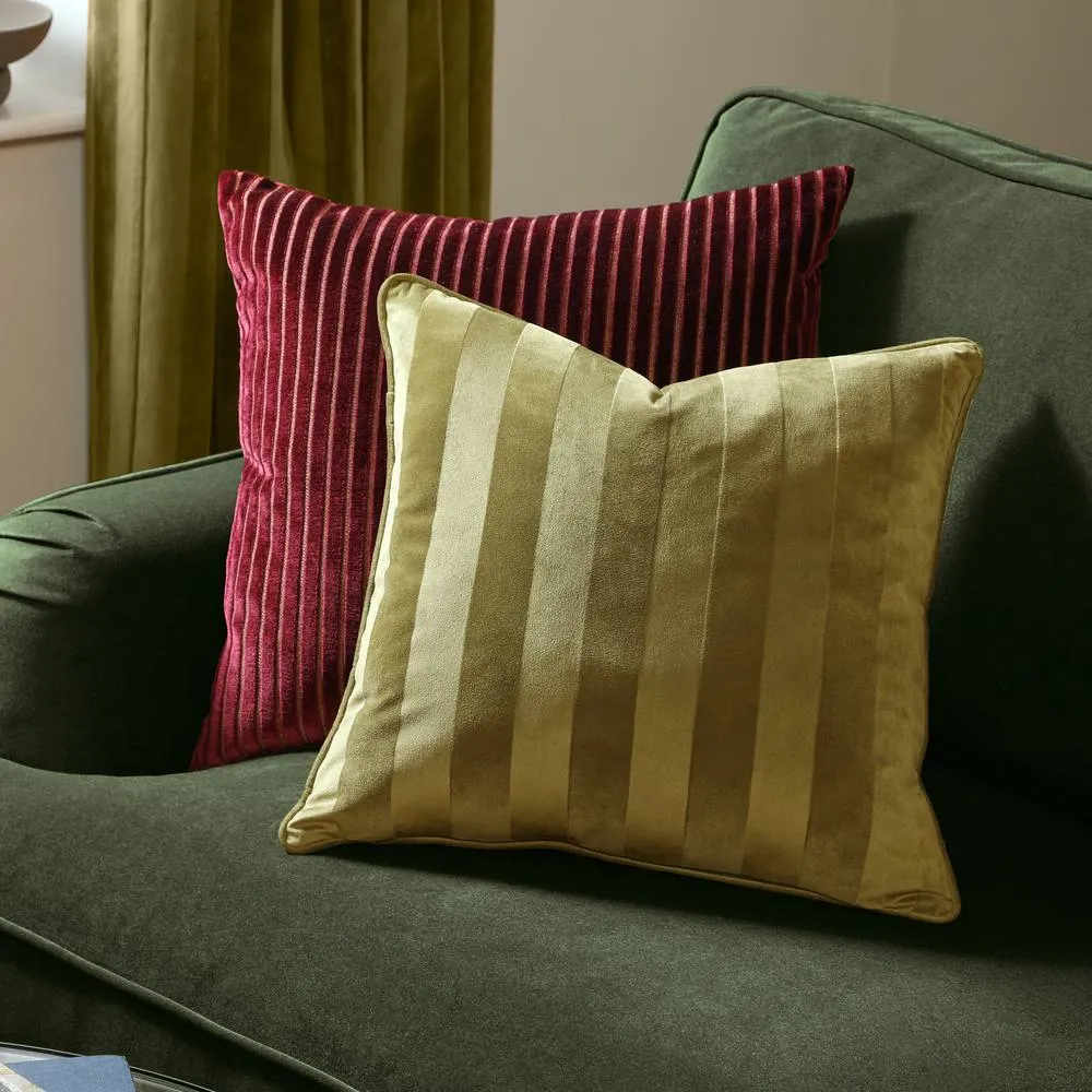 Paoletti Regency Stripe Velvet Cushion in Olive 1