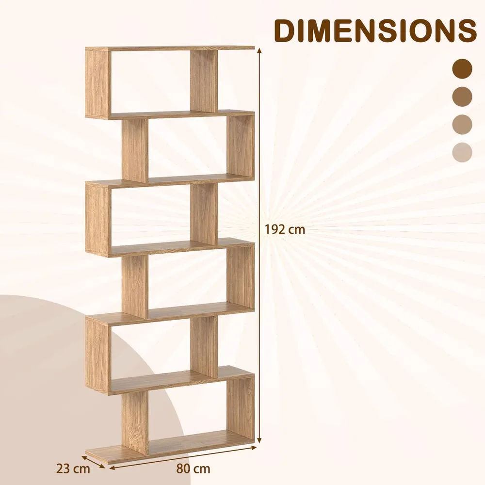 Costway 6-tier Bookcase S-Shaped Bookshelf Wooden Storage Display Rack in Natural 2