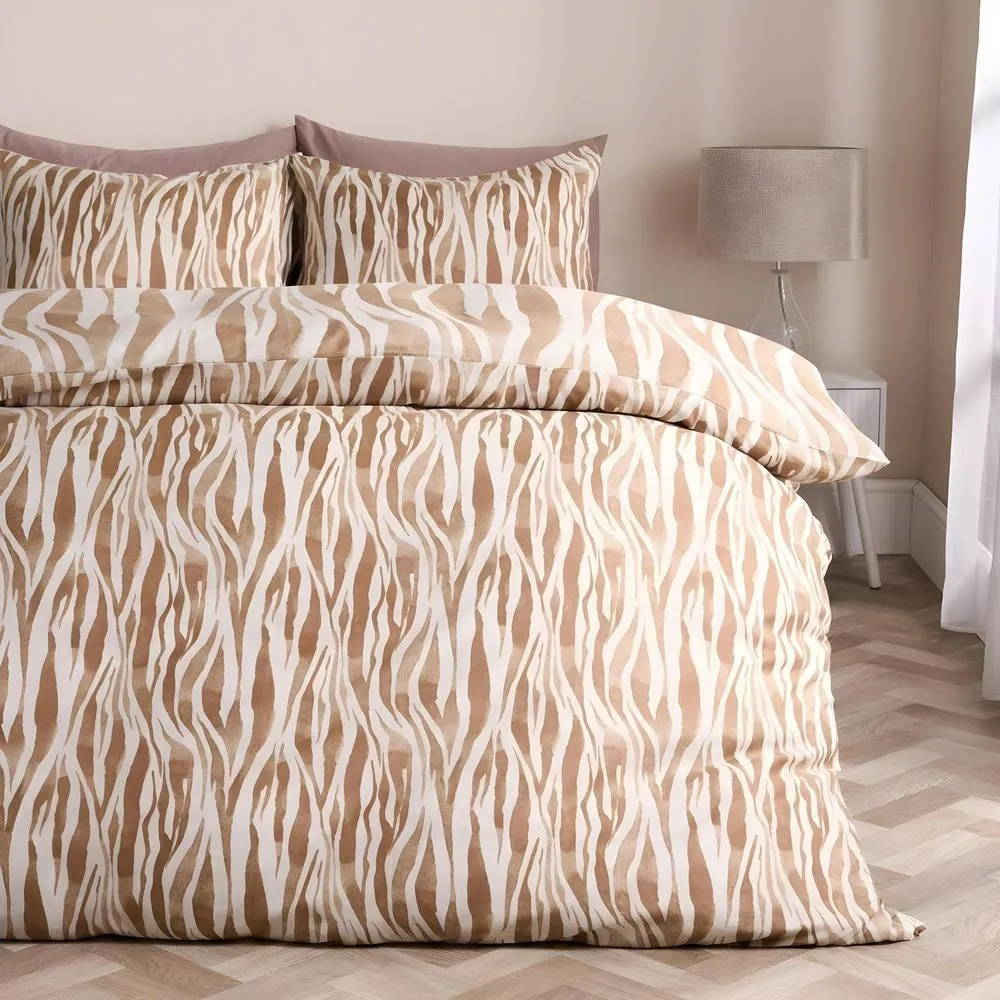 OHS Watercolour Zebra Print Microfibre Duvet Cover Bedding Set in Tan