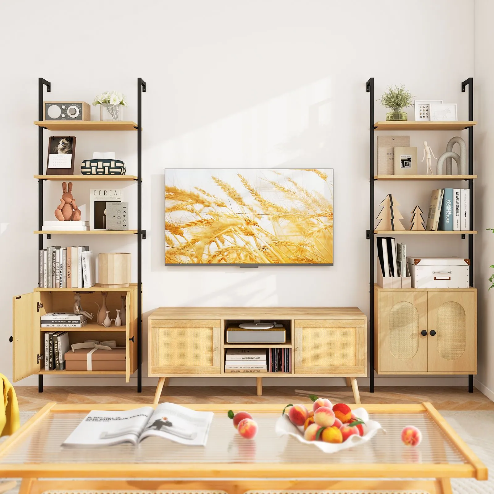 Costway Wall Mount Bookshelf Storage Shelves 6-tier tall display rack w/ Cabinet in Natural 4