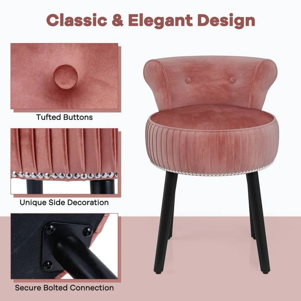 Costway Velvet Vanity Stool w/Tufted Back Upholstered Vanity Makeup Chair in Pink 6