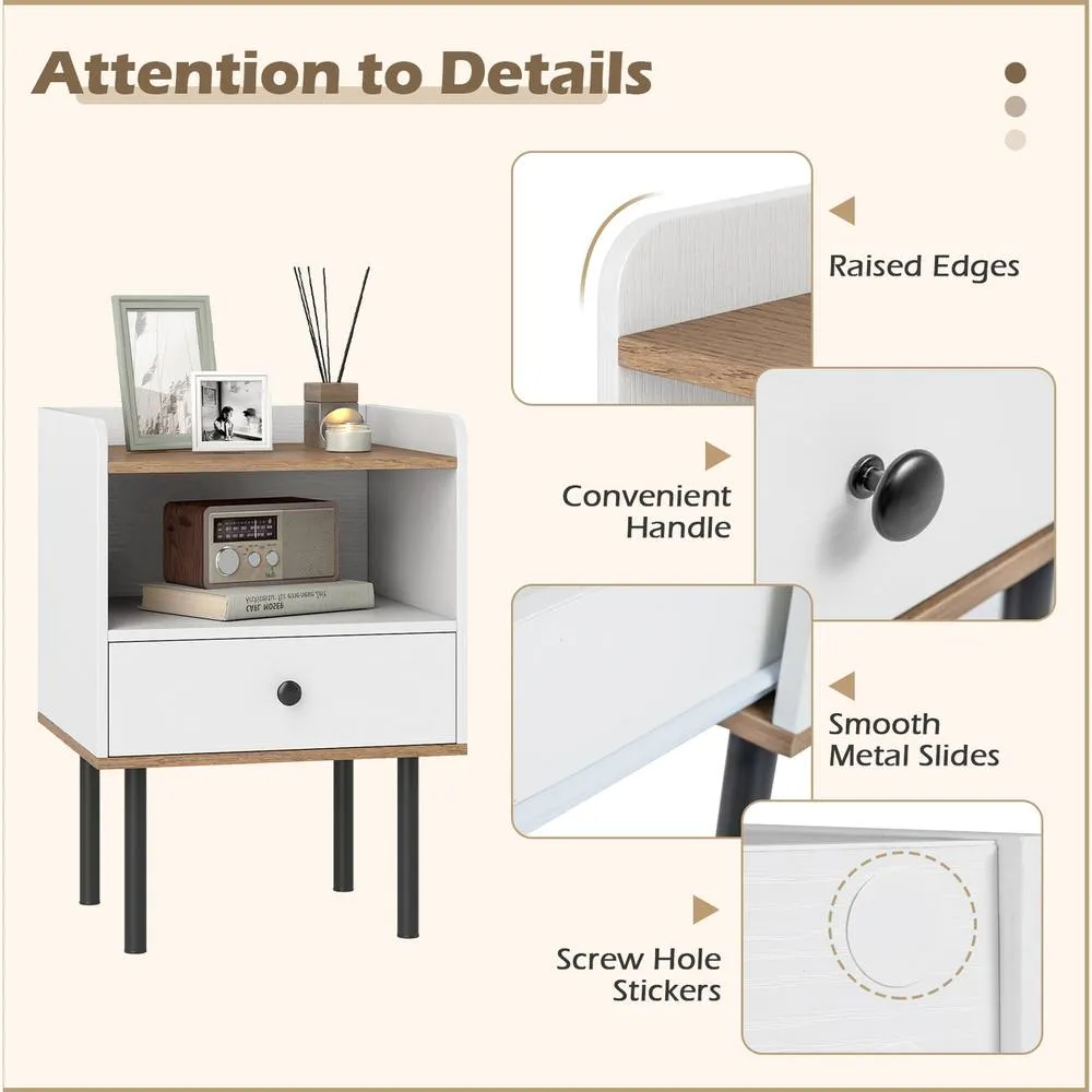 Costway 1 Pcs Nightstand Bedside Table with Drawer & Open Storage Shelf-White in White 5