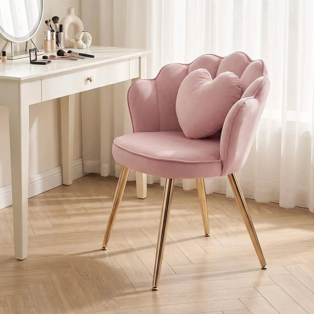 HOMCOM Accent Chair with Heart Pillow Velvet Upholstered Lotus Back Pink 2