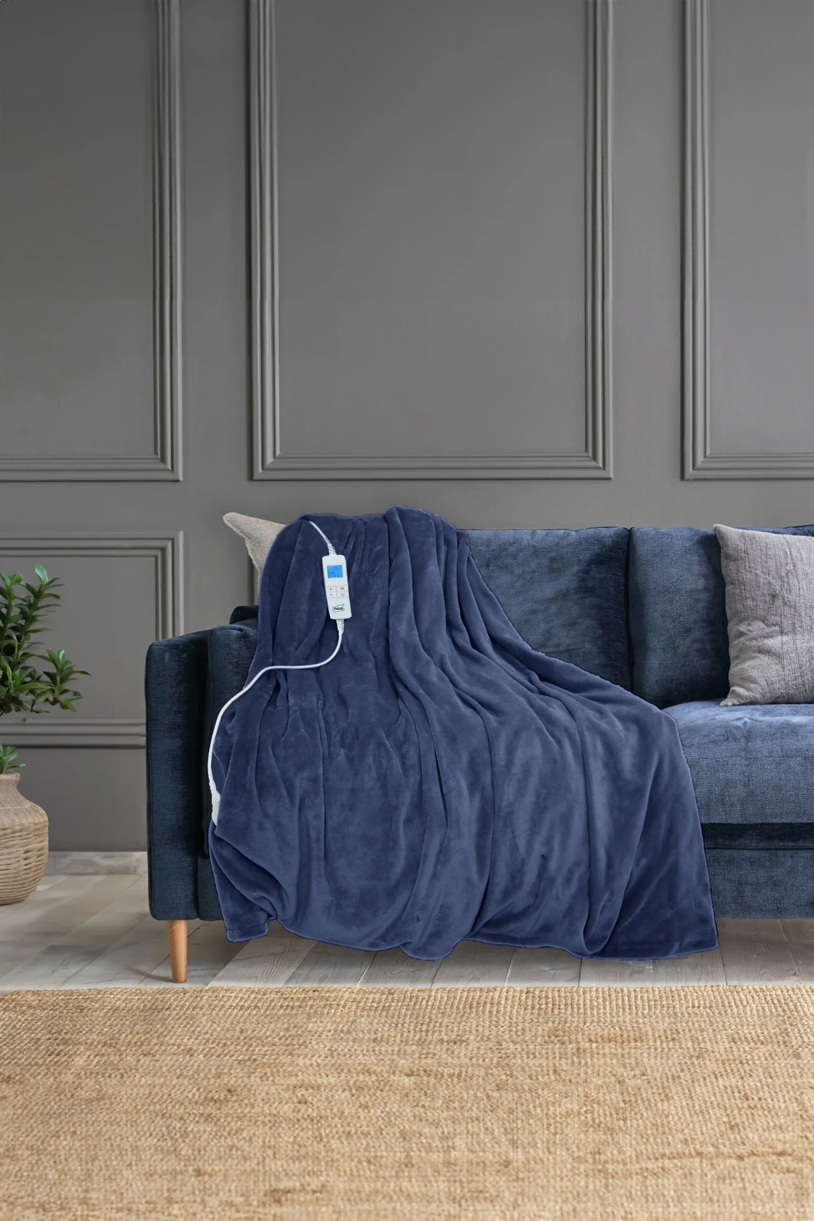 Neo Electric Heated Throw Over Sherpa Blanket - Reversible in Dark Blue