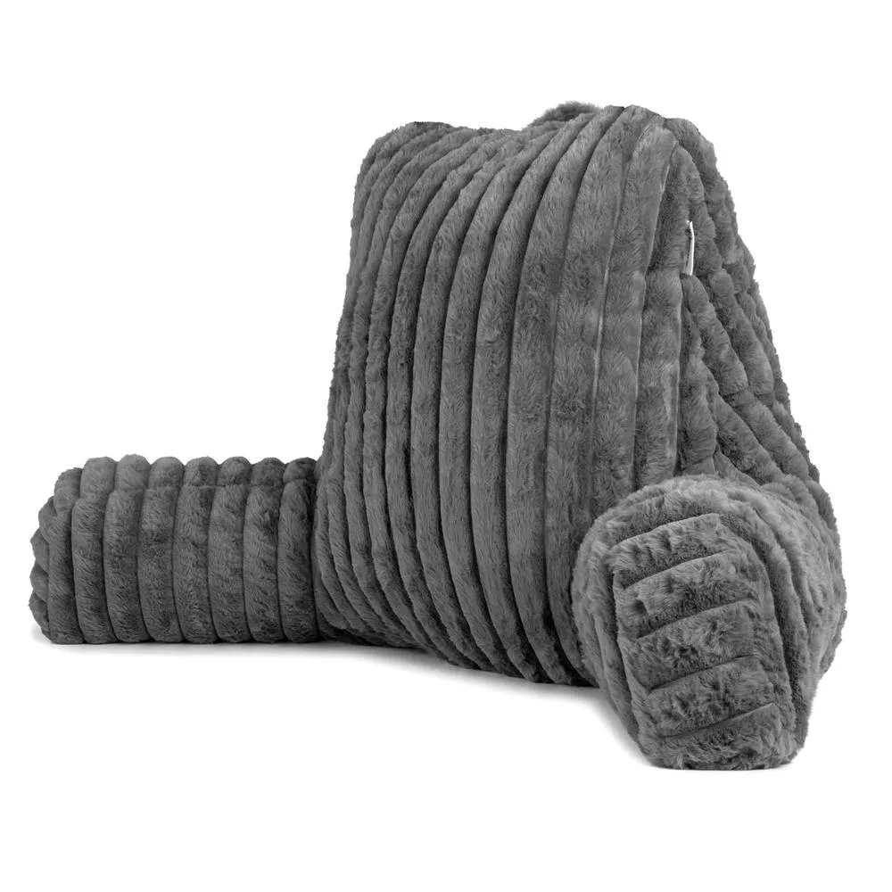 Aamira Reading Pillow Grey Faux Fur Ribbed Memory Foam Support Cushion
