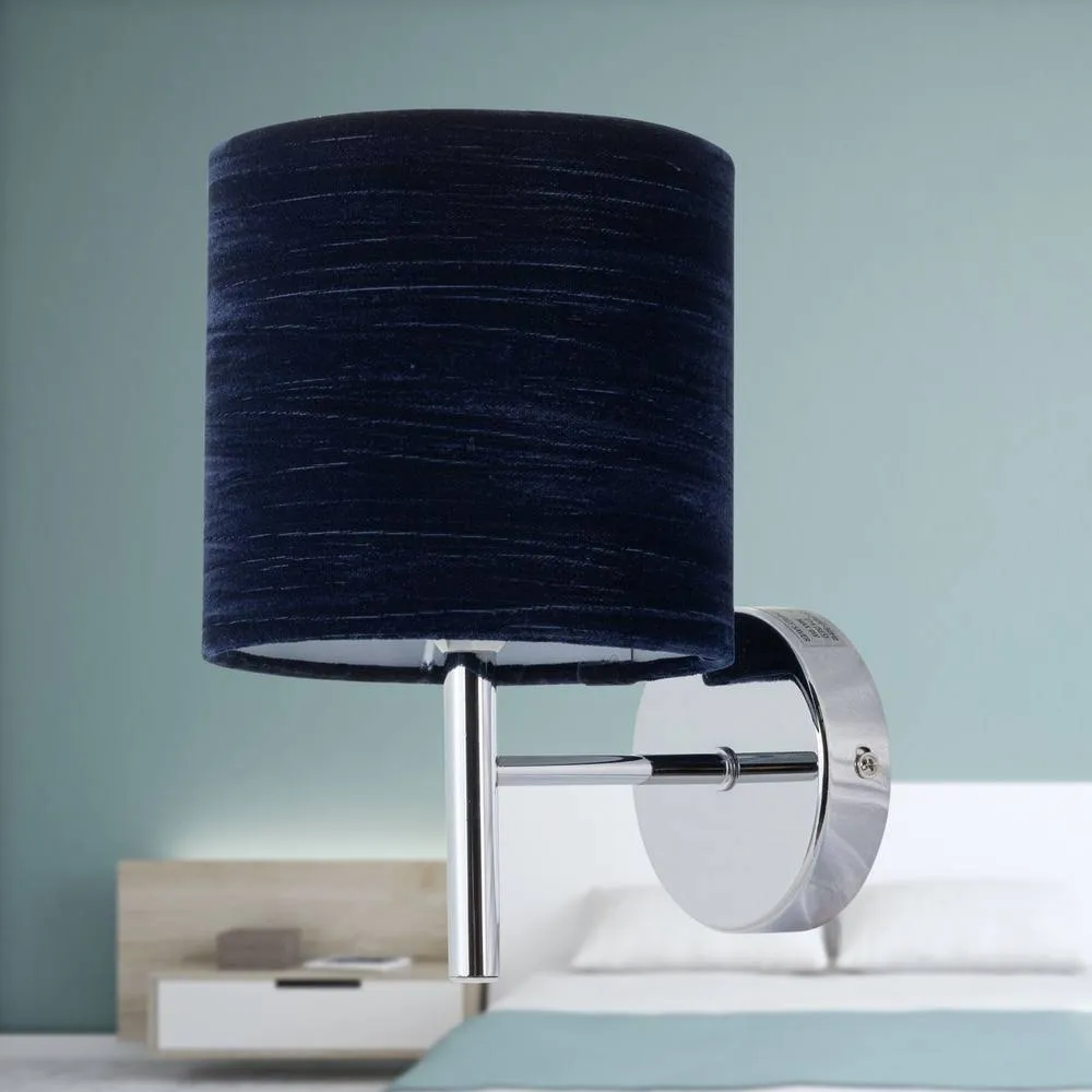 First Choice Lighting Set of 2 Brea - Chrome Wall Lights with Navy Blue Velvet Shades in Silver 4