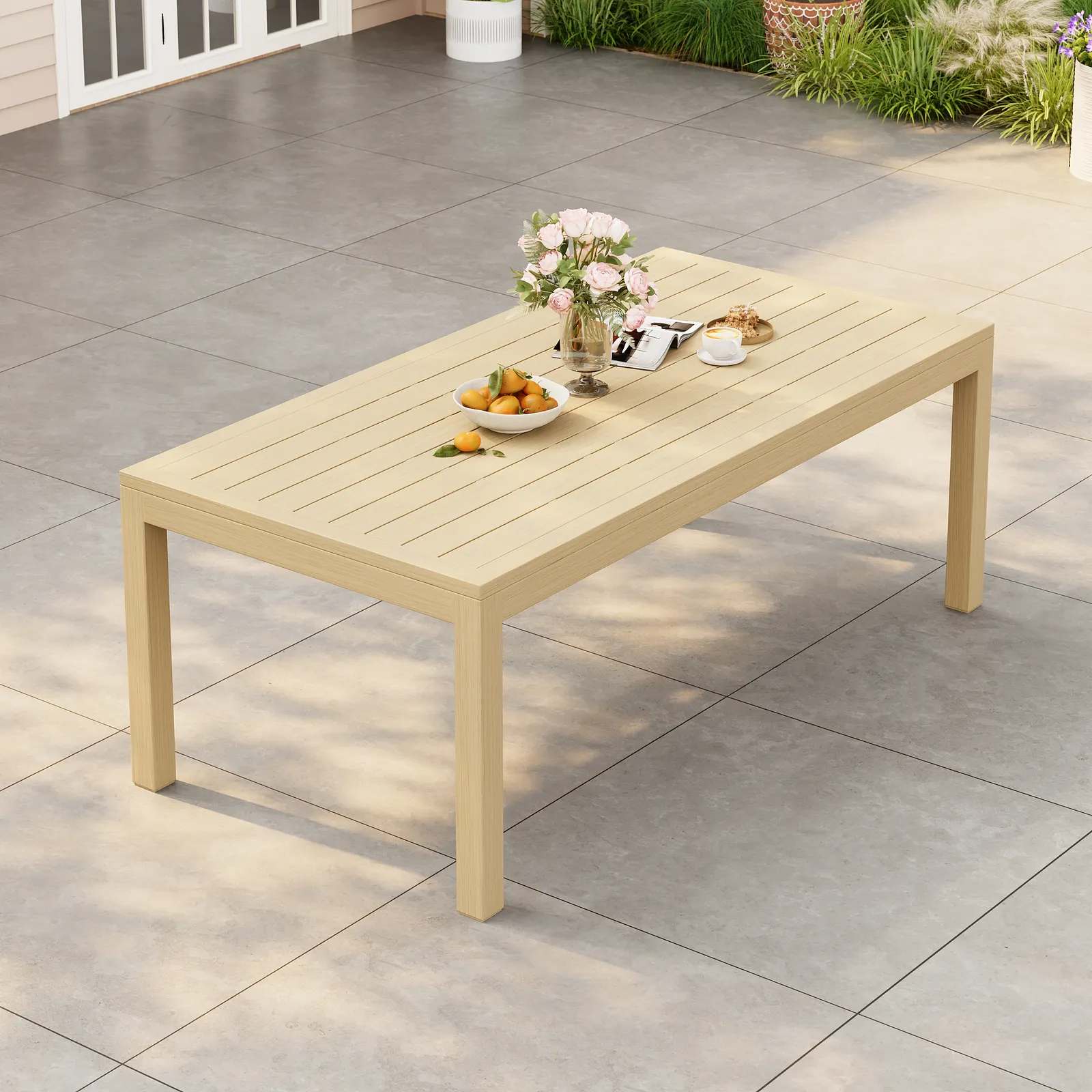 Wevara 200 cm Natural-Finish Aluminium Slatted Outdoor Dining Table in Natural