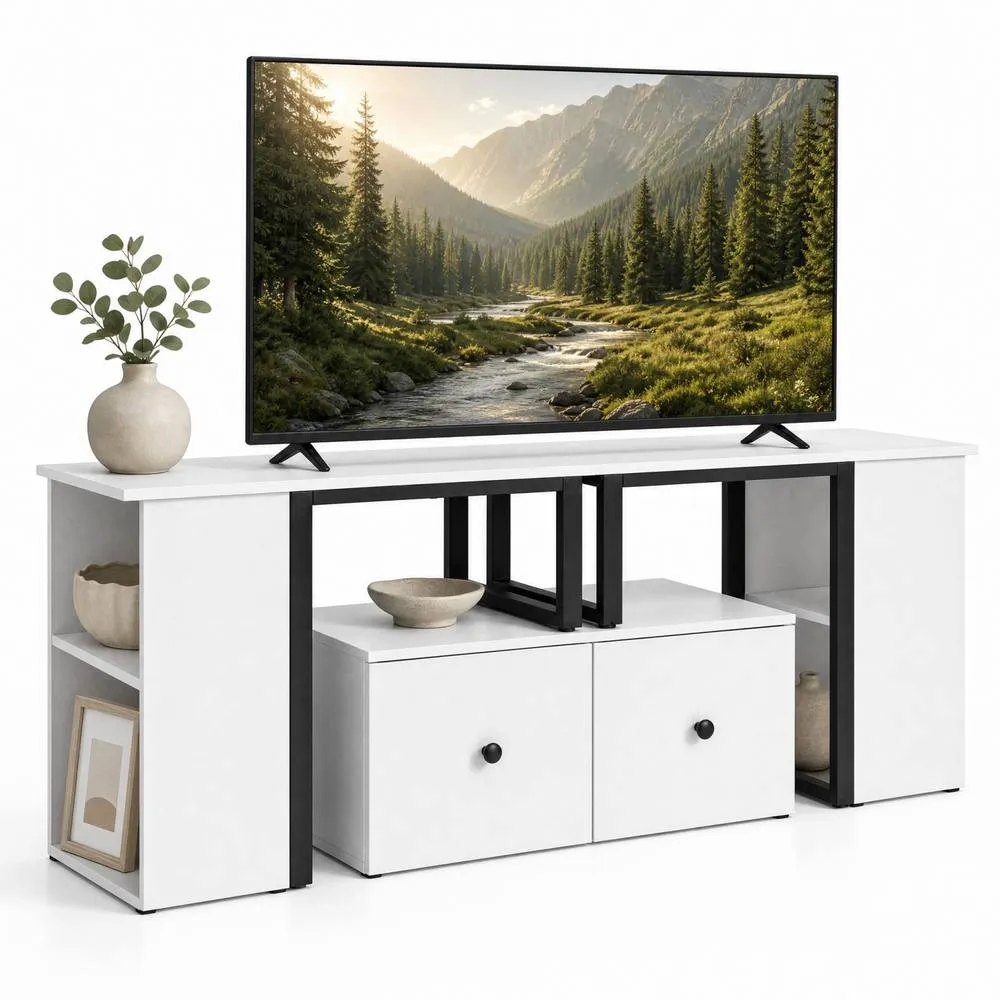Costway Wood TV Cabinet 140 x 30 x 50 cm Lowboard TV Stand with 2 Large Drawers in White
