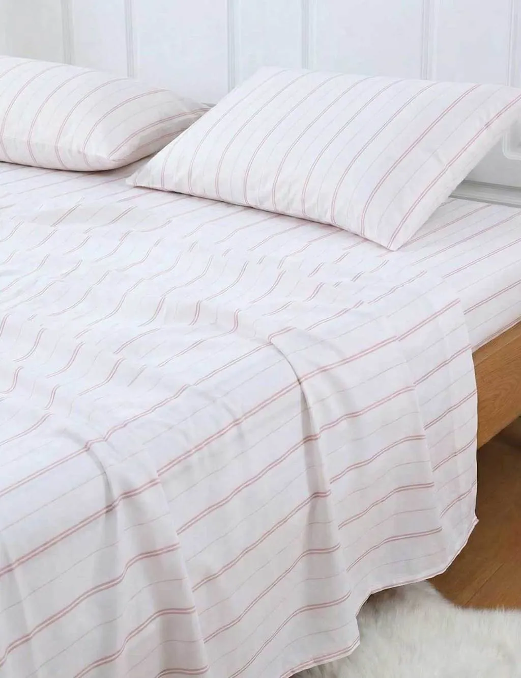 MM Linen Pure Cotton 200 Thread Count Striped Fitted Sheet Pink