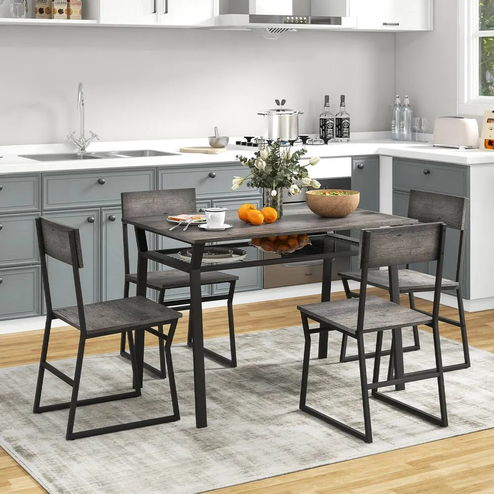 Costway 5 PCS Industrial Dining Table Set Rectangular Kitchen Table W/ 4 Chairs Metal Frame in Grey 6