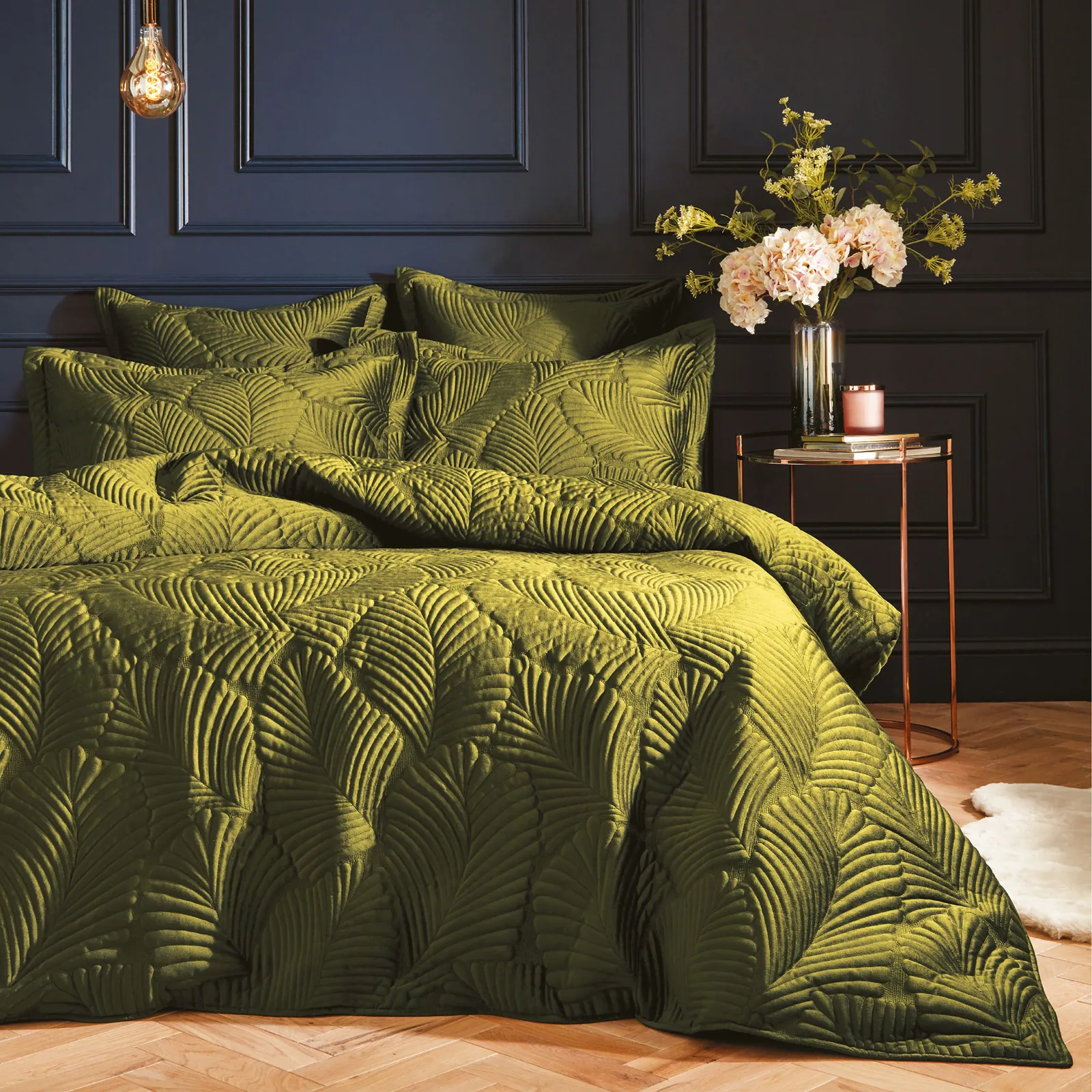 Paoletti Palmeria Quilted Velvet Duvet Cover Set in Green