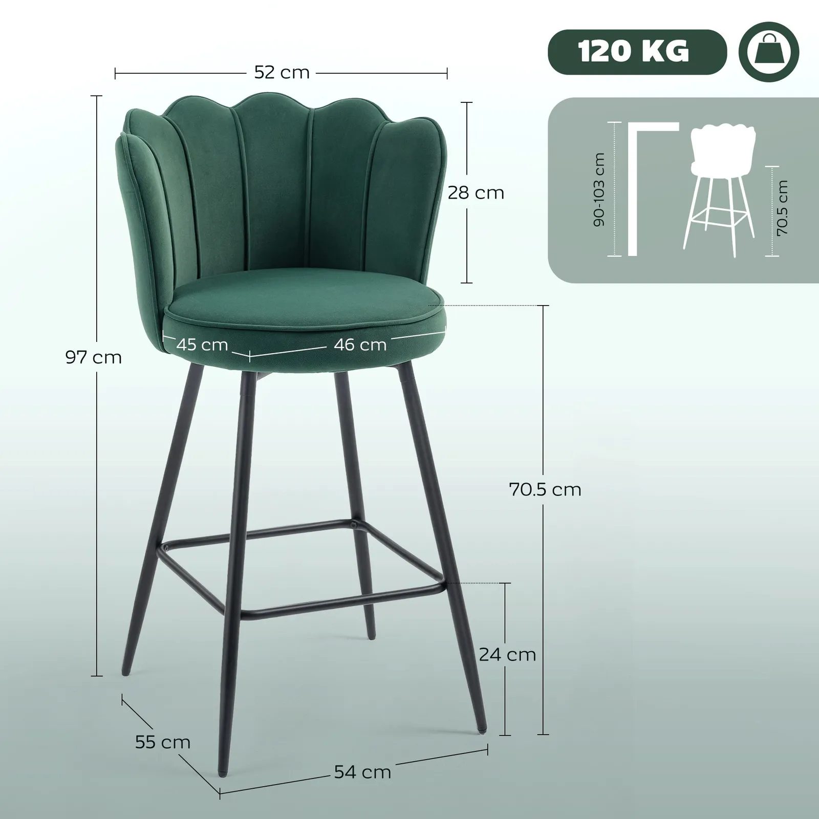 HOMCOM Set of 2 Barstools with Petal Backrest for Kitchen Island in Dark Green 3
