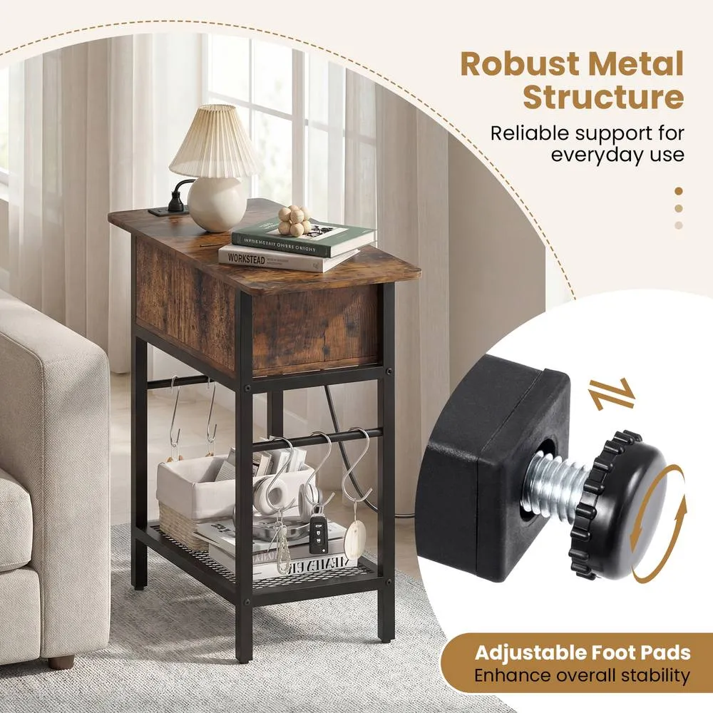 Costway Skinny Sofa Side Table Narrow End Table with Charging Station in Brown 6
