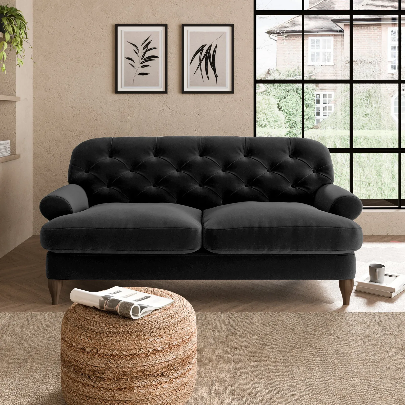 Canterbury Luxury Velvet 2 Seater Sofa Luxury Velvet Black