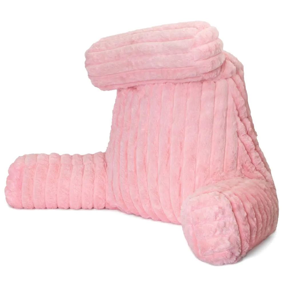 Aamira Luxurious Xl Reading Pillow Detachable Headrest, Soft Ribbed Pink Faux Fur, Memory Foam Cuddle Cuddle Cushion Backrest, Pink