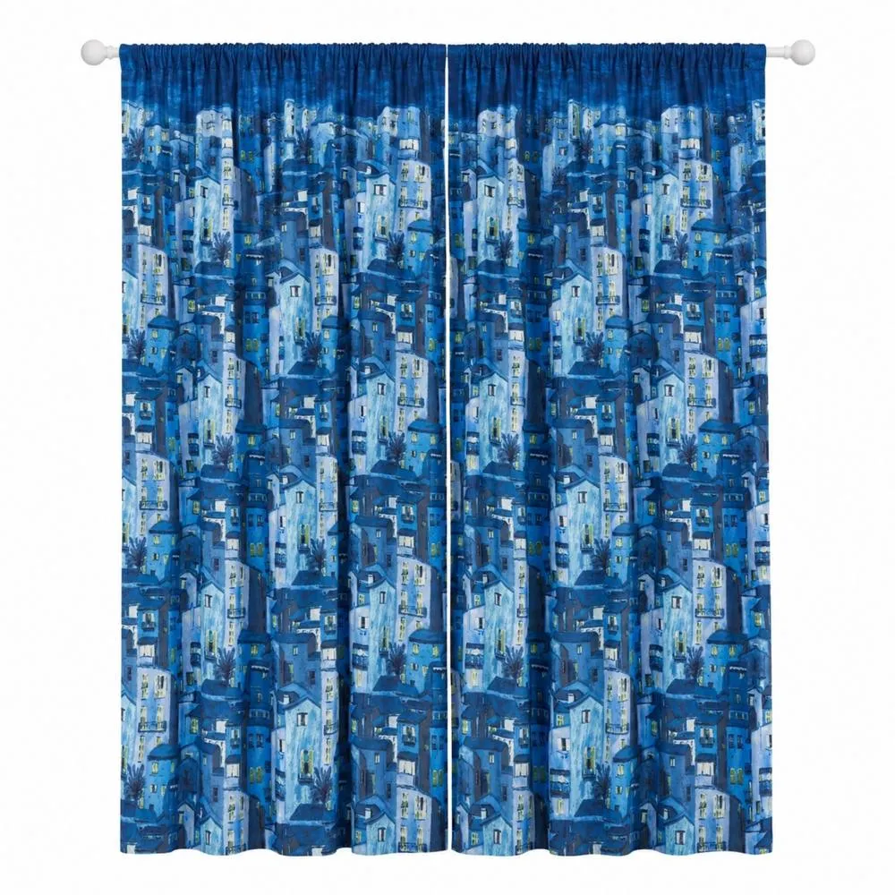 Smart Living Rural Italy Curtains Pair with Tie Backs - Mediterranean Village Print in Teal 2