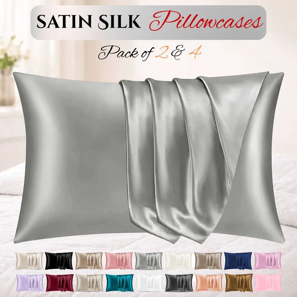Grace Super Soft Pillow Cases 2 Pack Satin Silk Envelope Closure in Grey