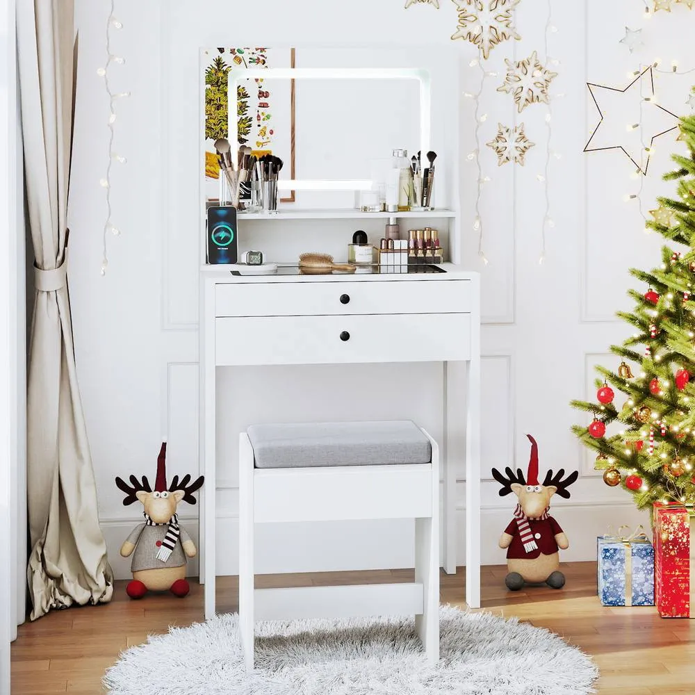 Costway Dressing Table &Stool Set w/LED Lights Makeup Table w/Charging Station in White 4