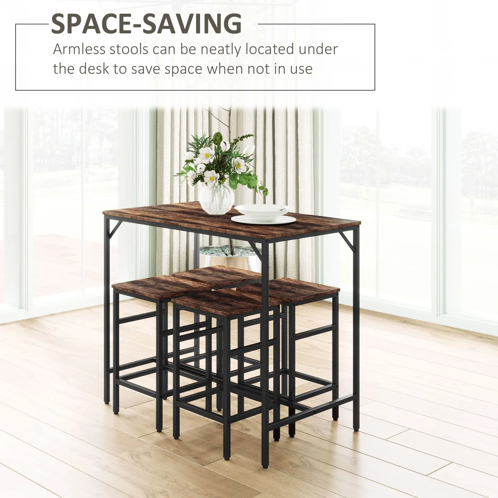 HOMCOM Industrial Rectangular Dining Table Set with 4 Stools for Dining Room in Brown 4