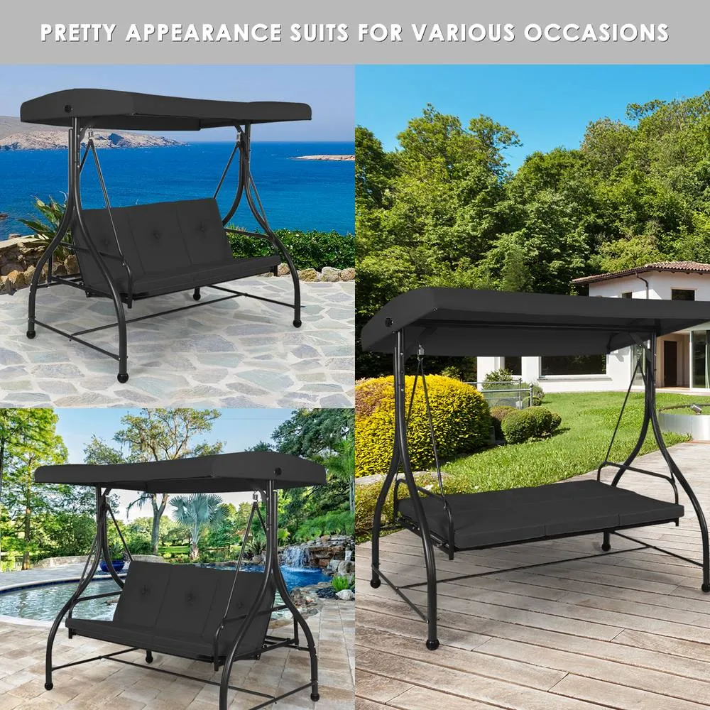 Costway Garden Patio Swing Chair 3 Seater Hammock Bench Convertible Canopy Cushion Seats in Black 4