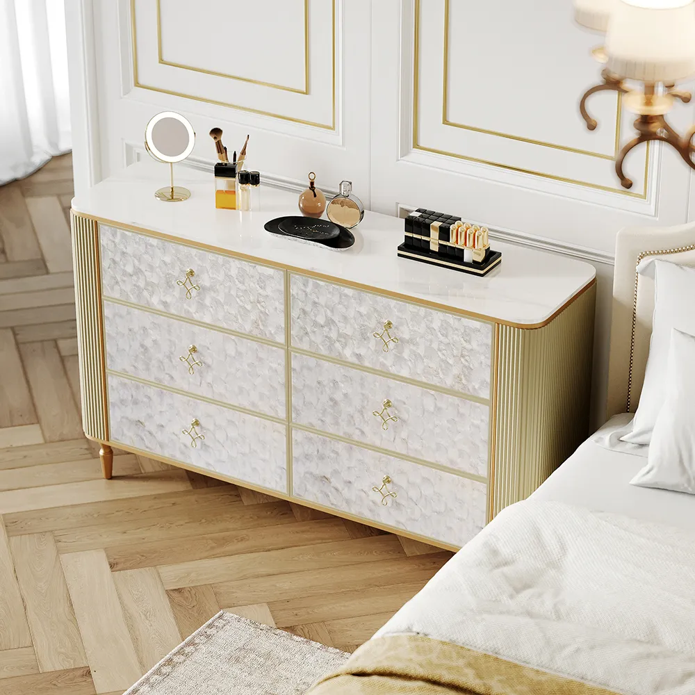 Art Deco 6 Drawer Dresser Capiz Shell Beige Chest Storage Cabinet with Sintered Stone Top
