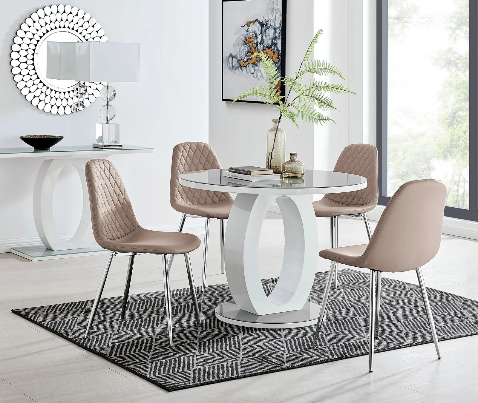FurnitureboxUK Giovani Round 4 Seat 100cm White High Gloss Halo Base Grey Glass Top Dining Table 4 Soft Faux Leather Silver Leg Corona Chairs in Beige