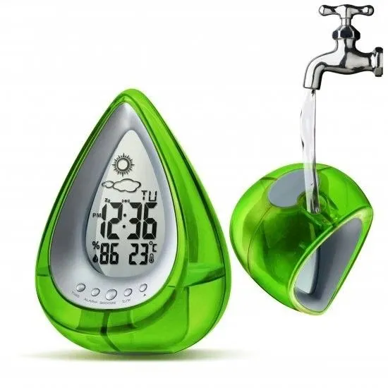 Smart Living Water Powered Multi Function Digital Battery-Free Drop Shape Desk Clock in Green 1