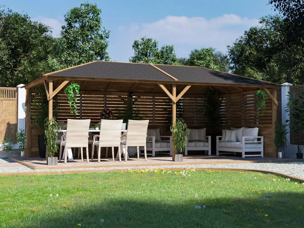 Dunster House Wooden Gazebo Kit with Louvre Wall & Shingles 6m x 3m - Utopia in Brown