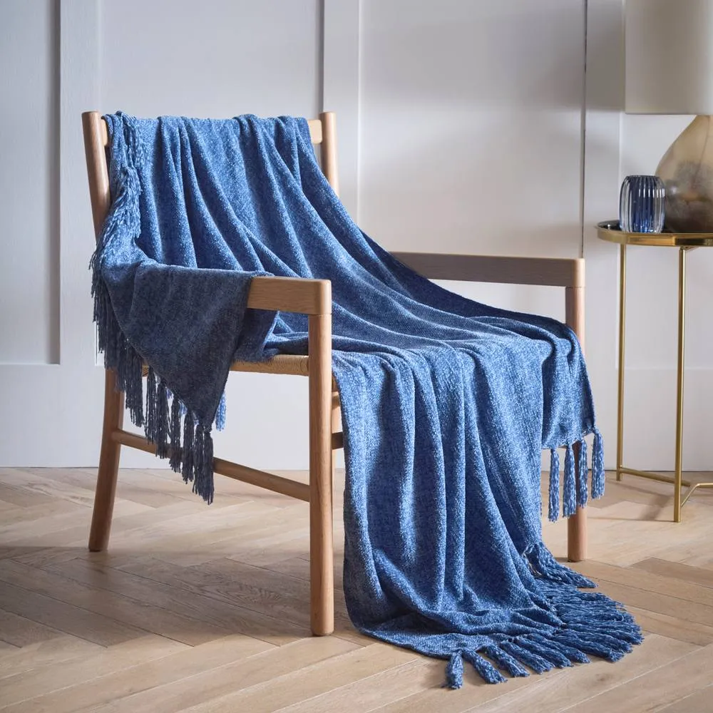 Portfolio Home Malmo Textured Tassels Chenille Throwover Throw Blanket 127 x 152 cm in Blue