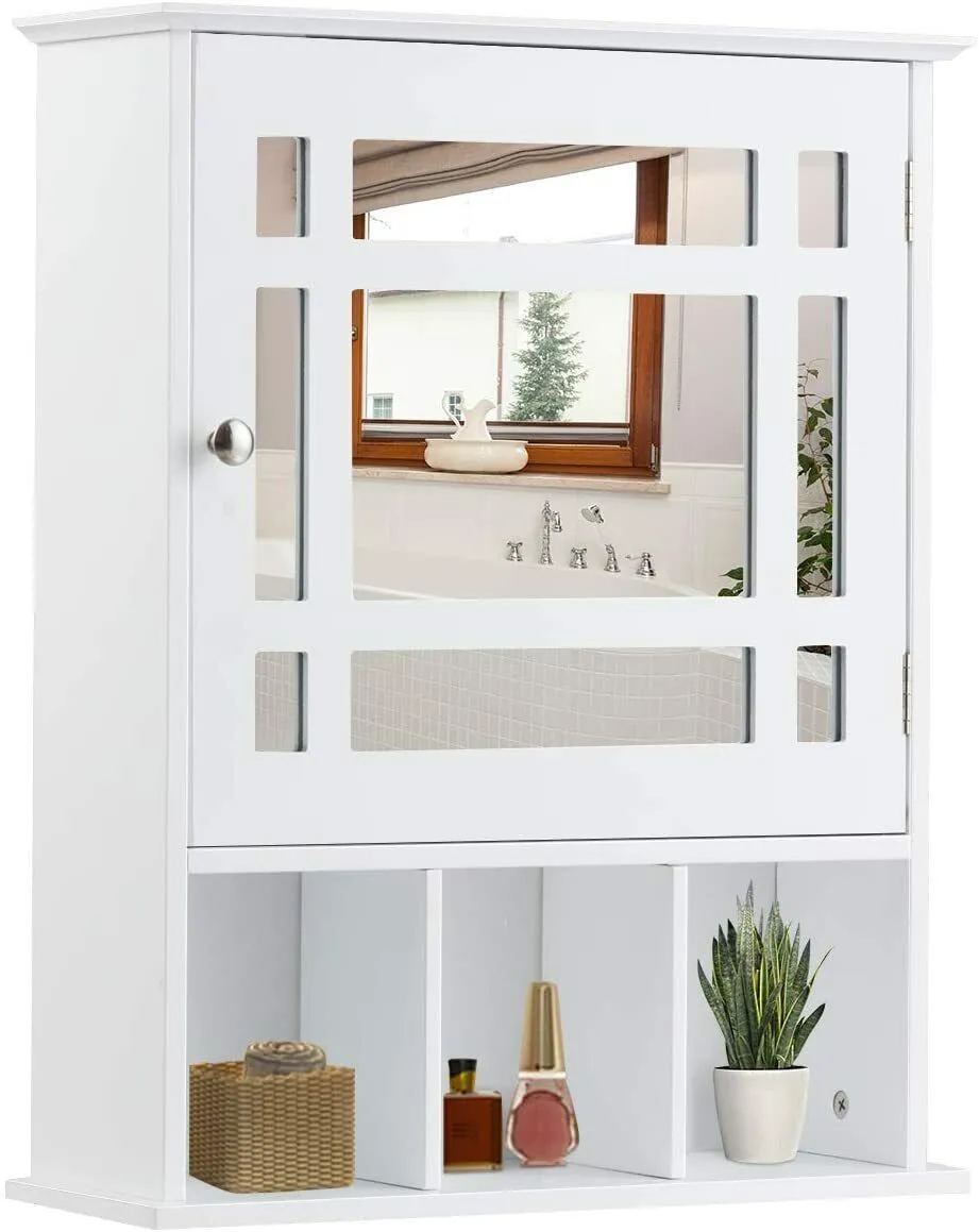 Costway Bathroom Wall Storage Cabinet Wooden Hanging Medicine Organizer with Mirror White