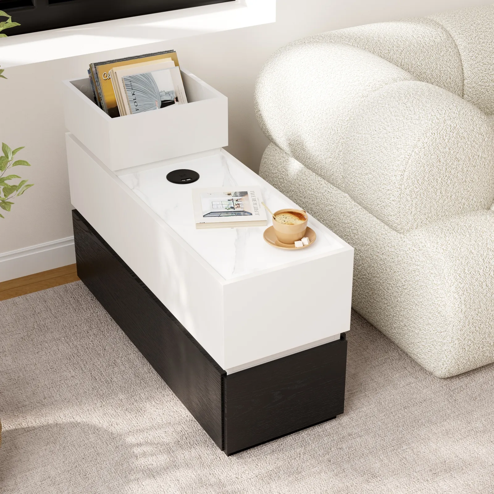 Sintered Stone Top Narrow Smart Side Table with Storage Modern White & Black End Table with USB Charging