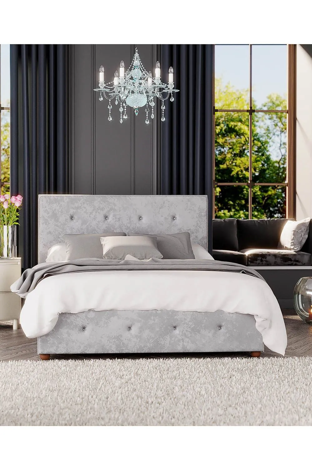 Laurence Llewelyn-Bowen Hesper Ottoman Storage Bed in Mirazzi Velvet Fabric, Custom Made in Silver 5