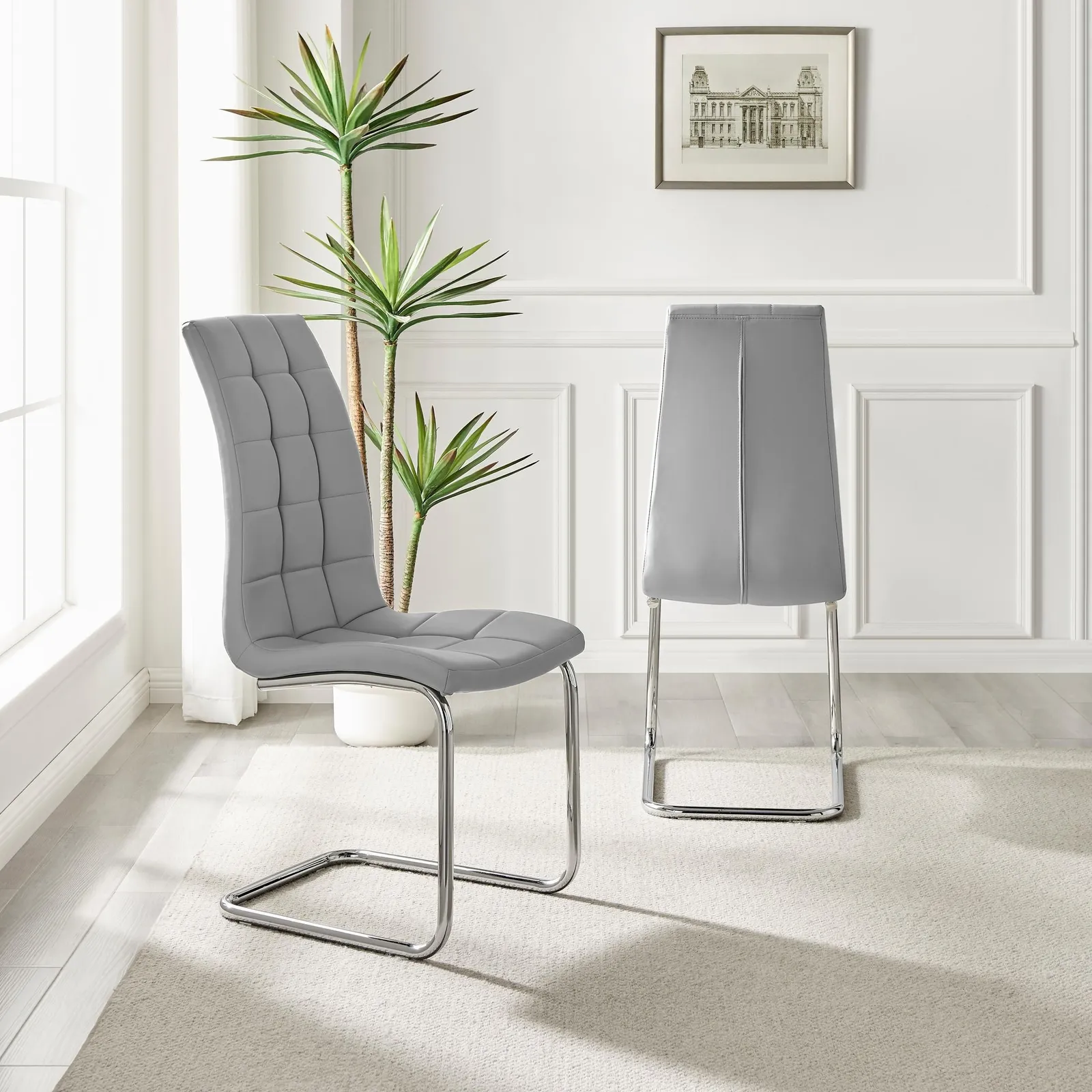 FurnitureboxUK Set of 2 Murano Deep Cushioned Soft Touch Faux Leather Dining Chairs With Silver Chrome Metal Legs in Grey 3