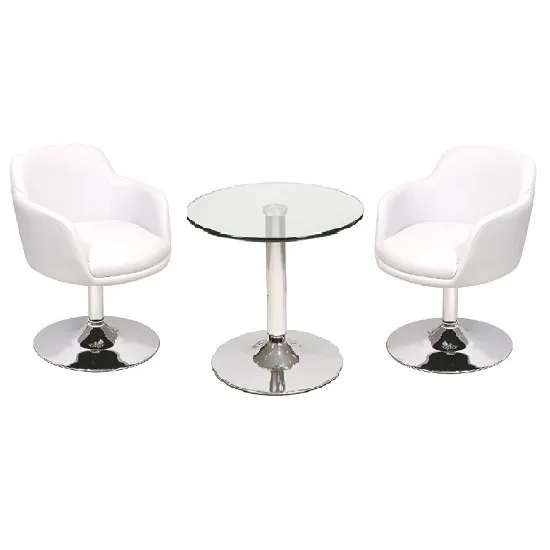 Belize Bistro Table In Clear Glass And 2 White Bucketeer Chairs