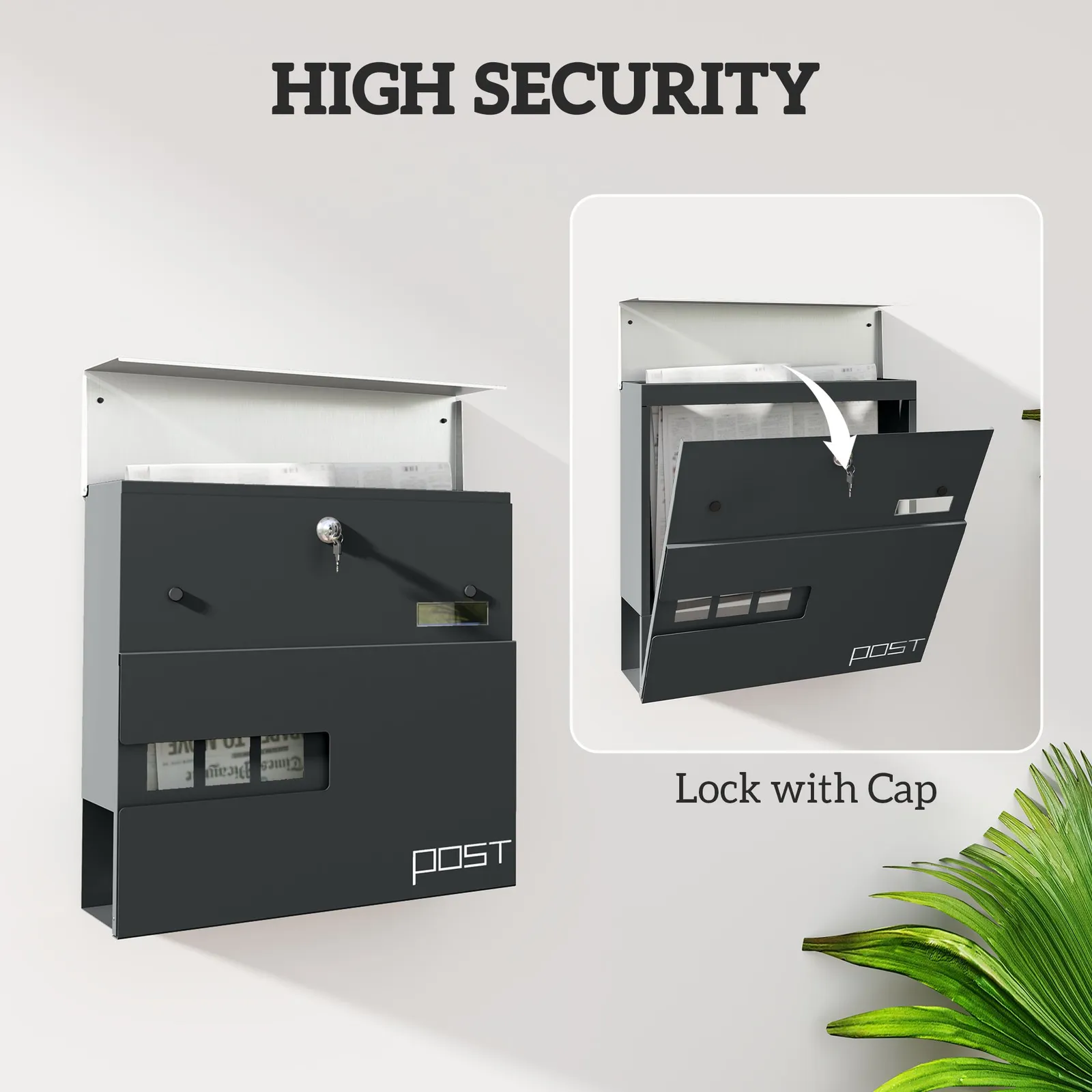 HOMCOM Wall Mounted Post Box, Weatherproof Letterbox with Lock, Grey in Dark Grey 6