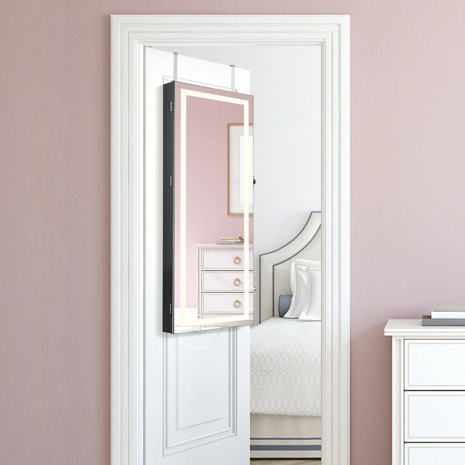 Costway 108cm Jewelry Mirror Cabinet Lockable Jewelry 3-Color LED Lights-Black in Black 3