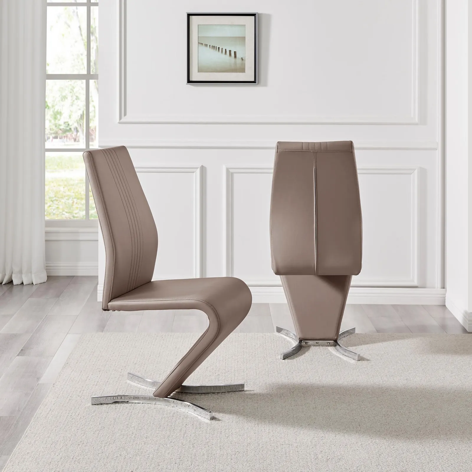 FurnitureboxUK Set of 2 Willow Contemporary Z Shaped Faux Leather Dining Chairs With Silver Chrome Metal Legs in Beige 3