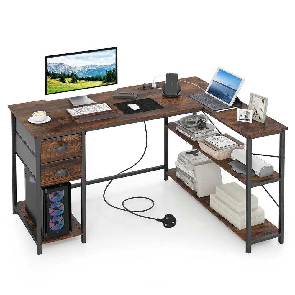 Costway L-Shaped Desk w/ Charging Station Desk w/ 2 Fabric Drawers in Brown 6