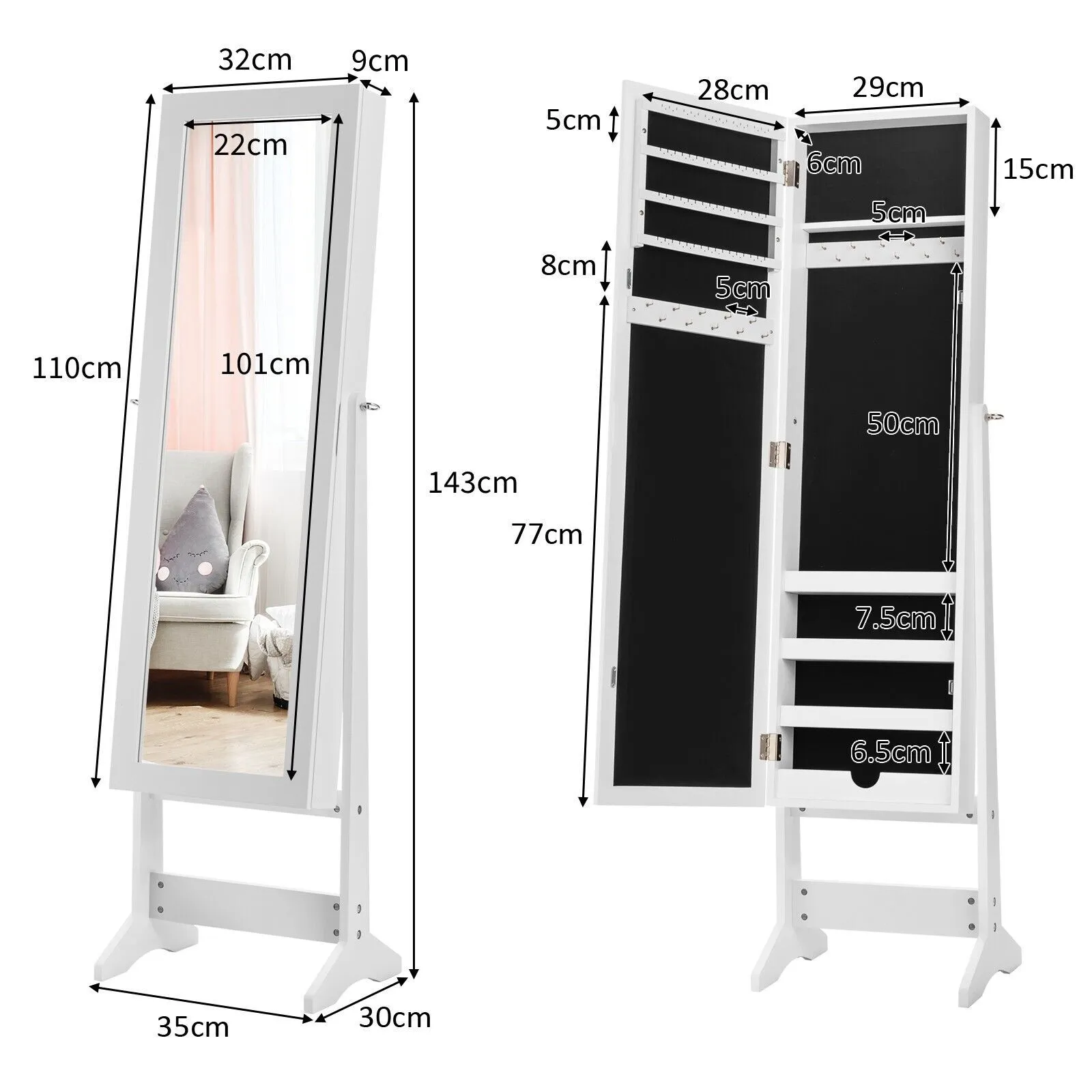 Costway Mirrored Jewelry Armoire Standing Jewelry Cabinet w/ Full-Length Mirror in White 2