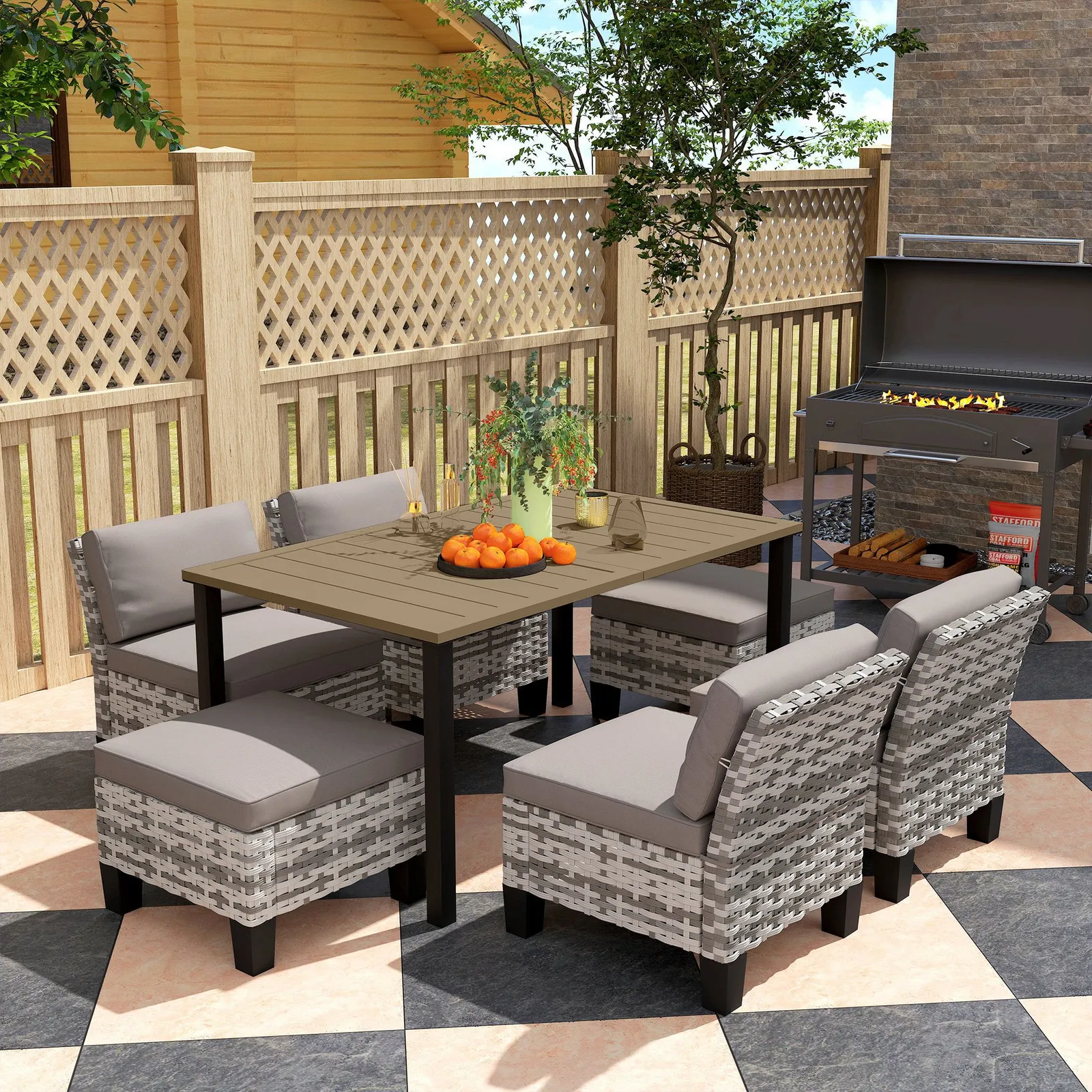 OUTSUNNY 7 PCS Rattan Garden Dining Set with Cushions, Umbrella Hole, Grey
