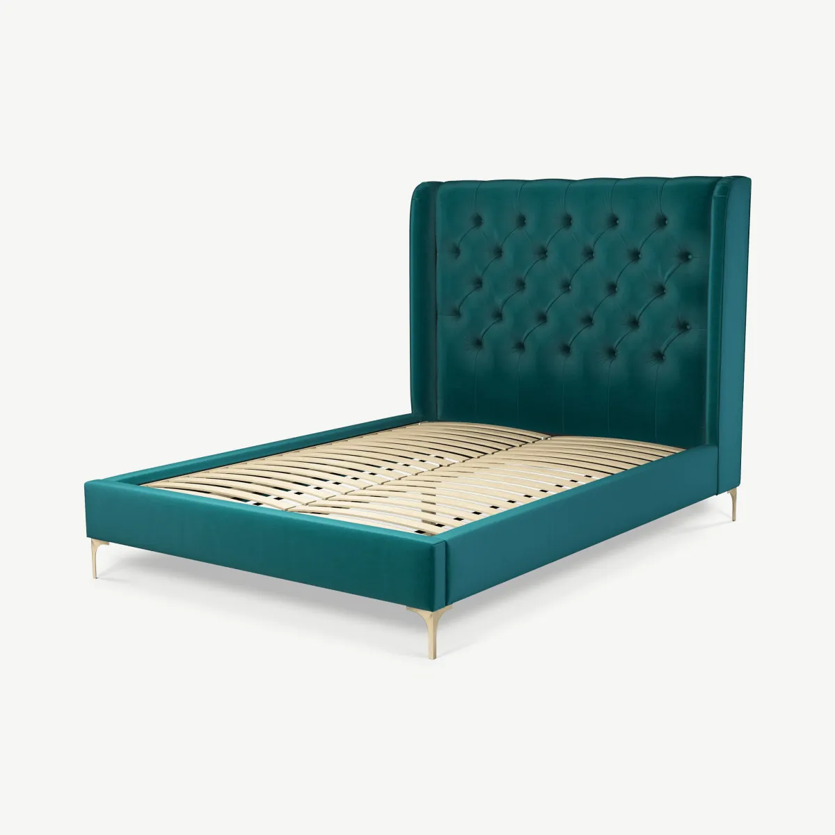 Romare Double Bed, Tuscan Teal Velvet with Brass Legs