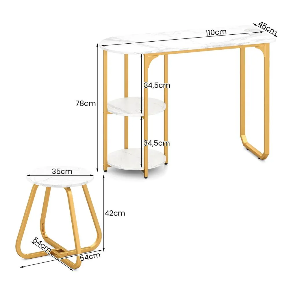 Costway Table & 2 Bar Stools Set Table with 2 Shelves Stools in White 2