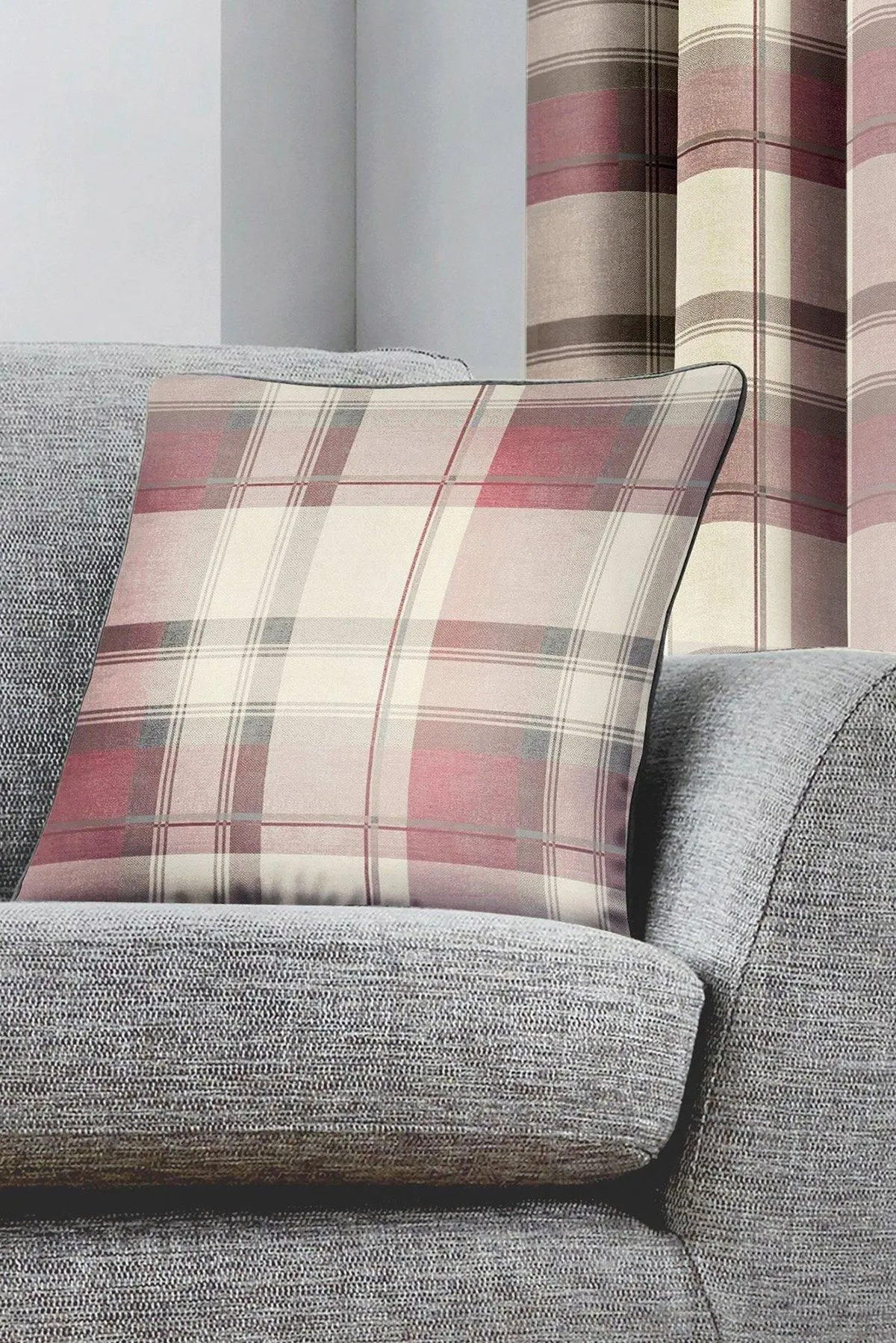 Fusion 'Balmoral Tartan' Warm Woven Check 100% Cotton Filled Cushion in Rose 2