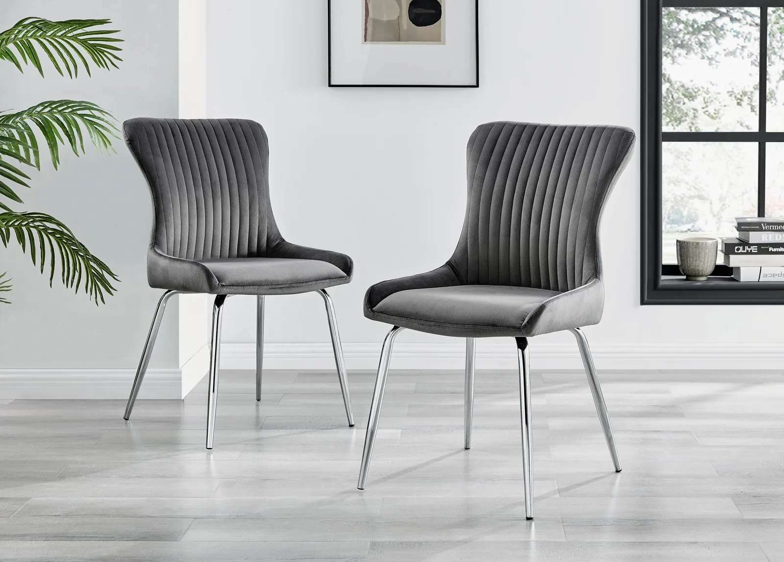 FurnitureboxUK Set of 2 Nora Deep Padded Luxurious Dining Chairs Upholstered In Soft Velvet With Chrome Legs in Dark Grey