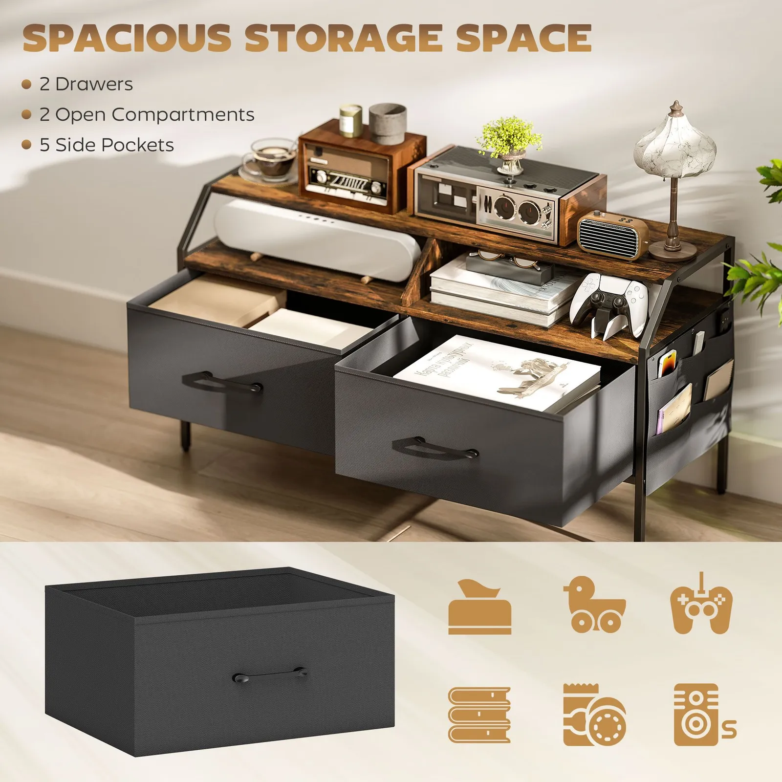 HOMCOM TV Stand Cabinet with 2 Foldable Drawers, Rustic Brown 4